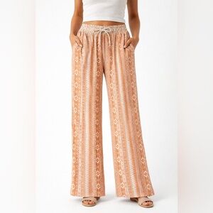 Rewash Linen Blend Boho Smocked Waist Wide Leg Pants